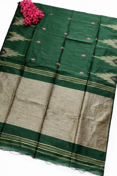 Green Ghicha Silk Cotton Pure Handloom Saree From Bengal