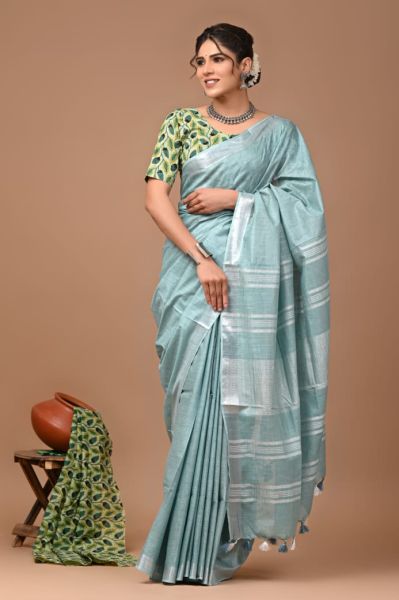 Ash Gray Linen By Linen Pure Handloom Saree From Bengal