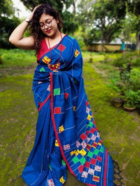 Royal Blue Pure Handloom Cotton Saree From Bengal