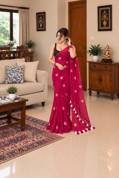 Magenta Pure Handloom Mulmul Cotton Saree From Bengal