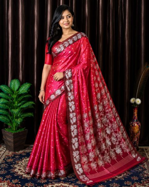Red Pure Handloom Silk Tissue Saree From Bengal