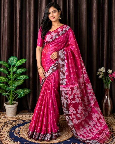 Dark Pink Pure Handloom Silk Tissue Saree From Bengal