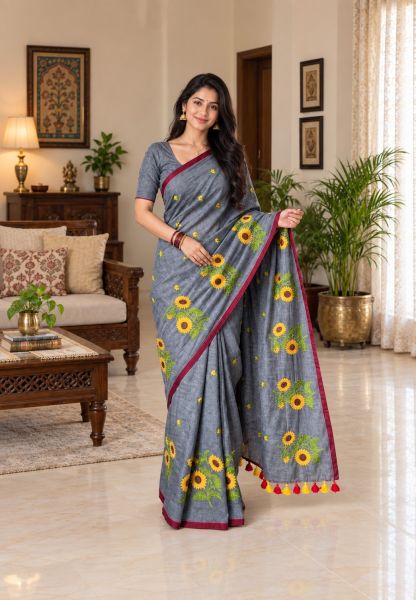 Charcoal Grey Pure Handloom Saree From Bengal