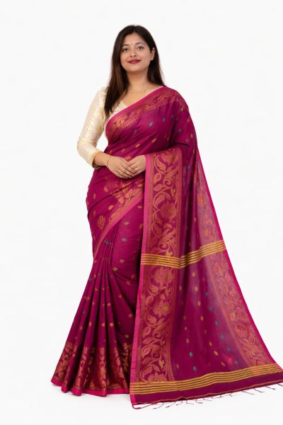 Maroon Silk Cotton Pure Handloom Saree From Bengal