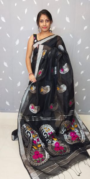 Almost Black Pure Handloom Silk Cotton Flower Design Saree