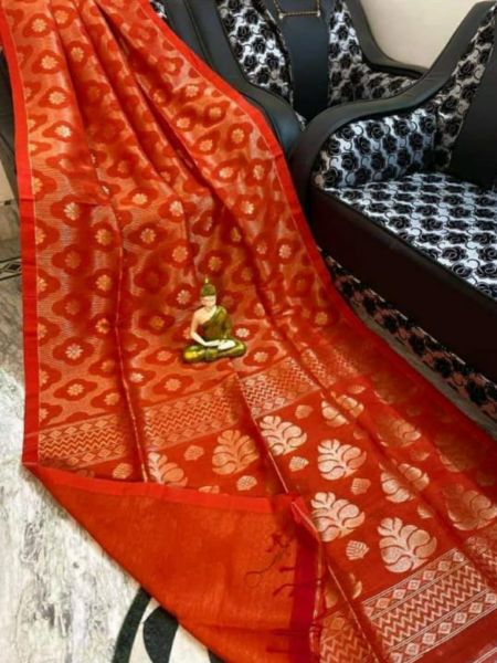 Orange Flower Cotton Linen Jamdani Saree From Bengal