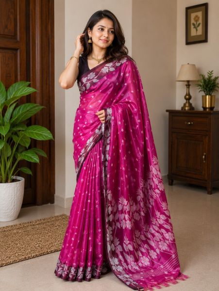 Magenta Pink Pure Handloom Tissue Cotton Saree From Bengal