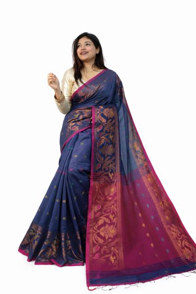 Blue Silk Cotton Pure Handloom Saree From Bengal