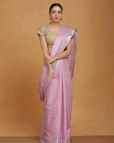 Baby Pink Plain Linen By Linen Saree From Bhagalpur
