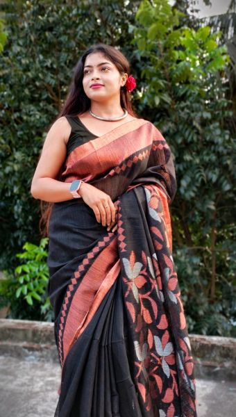 Black Pure Handloom Motka Flower Design Saree