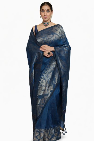 Sea Blue Linen Pure Handloom Saree From Bengal