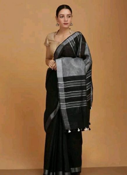 Black Plain Linen By Linen Saree From Bhagalpur