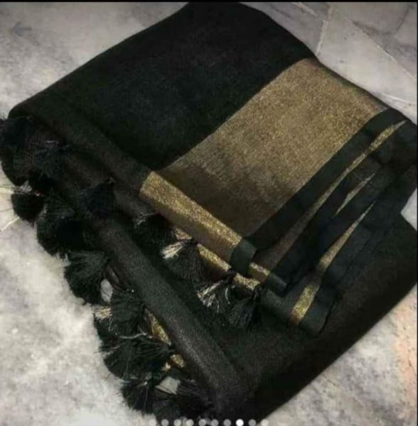 Black Plain Linen By Linen Saree From Bhagalpur