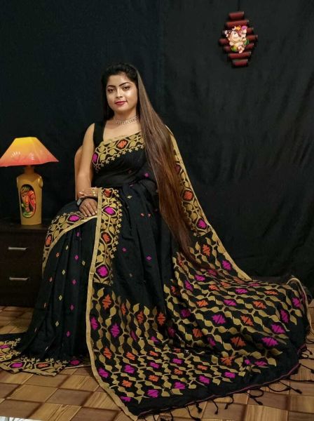 Black Linen By Cotton Saree From Bengal