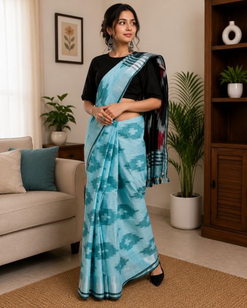 Women's Designer Soft Linen Ikkat Saree with Luxurious Golden Zari Border, Perfect for Weddings, Functions & Celebrations