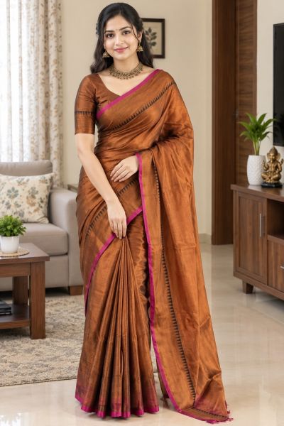 Brownish Golden Pure handloom Tissue Cotton Saree From Bengal