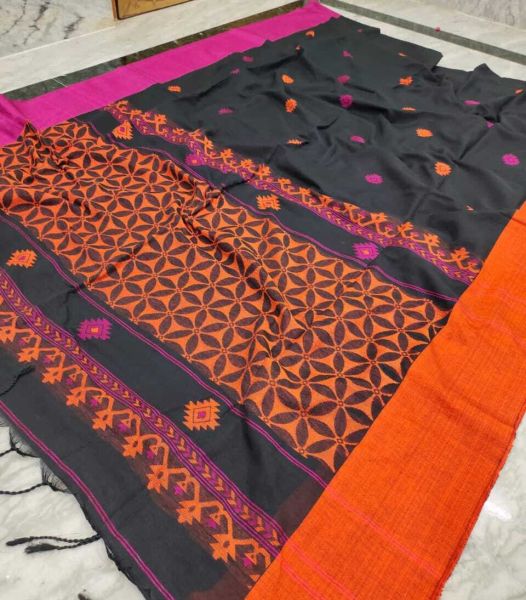 Black And Orange Cotton Jamdani Saree From Bengal