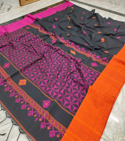 Black And Pink Cotton Jamdani Saree From Bengal