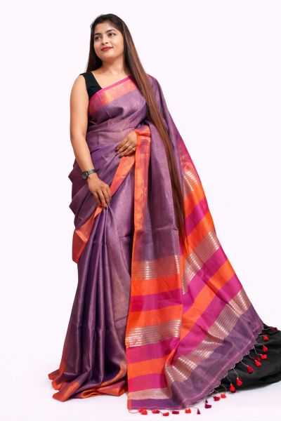 Burgundy Pure Handloom Tissue Silk Cotton Saree From Bengal