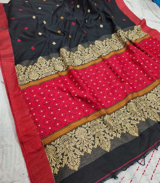 Black And Brick Red Cotton Jamdani Saree From Bengal