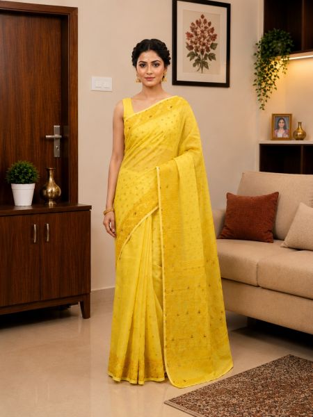 Bright Yellow Pure Handloom Dhakai Jamdani Saree From Bengal
