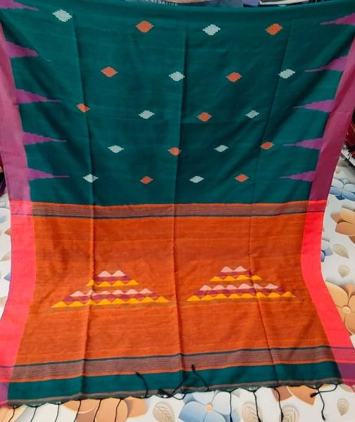 Ananda Blue Orange Temple Design Cotton Saree