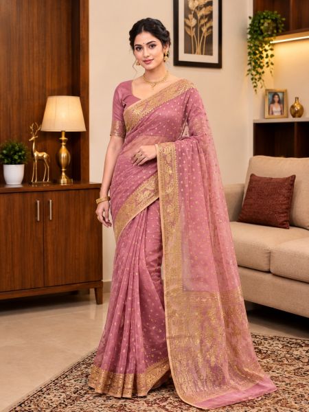 Onion Pink Pure Handloom Dhakai Jamdani Saree From Bengal