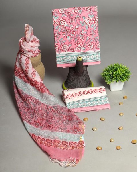 Pink White Hand Block Printed Cotton Suit And Pant And Kota Dupatta