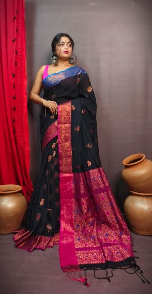 Black Pink Flower Design Pure Handloom Cotton Saree