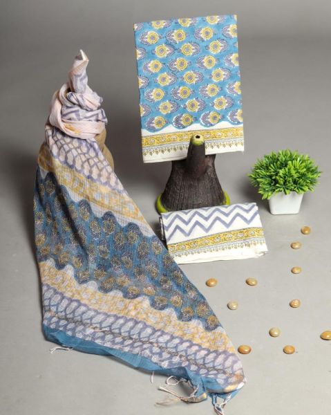 White Aqua Blue Hand Block Printed Cotton Suit And Pant And Kota Dupatta