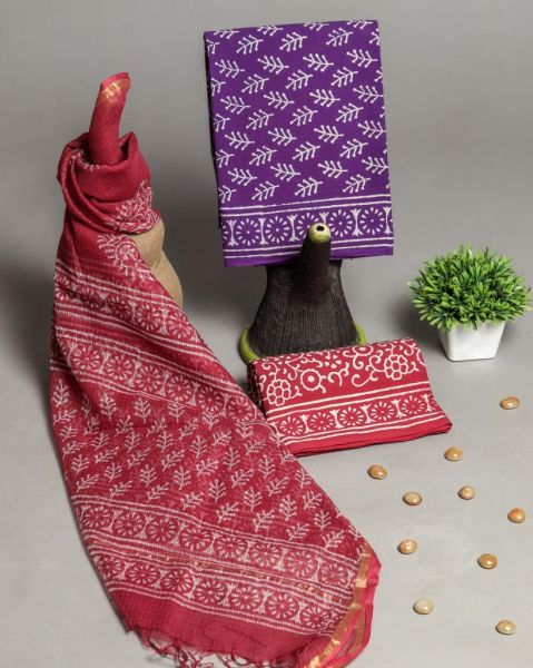 Purple Red Hand Block Printed Cotton Suit And Pant And Kota Dupatta