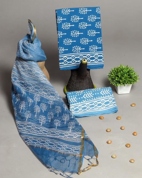 Blue Hand Block Printed Cotton Suit And Pant And Kota Dupatta