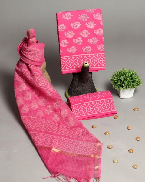 Pink Hand Block Printed Cotton Suit And Pant And Kota Dupatta