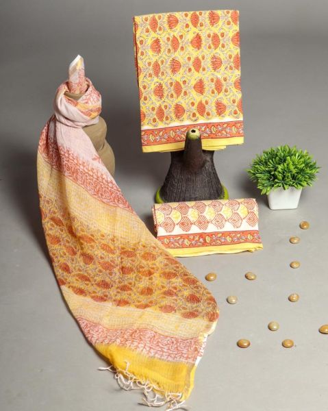 Yellow Orange Hand Block Printed Cotton Suit And Pant And Kota Dupatta