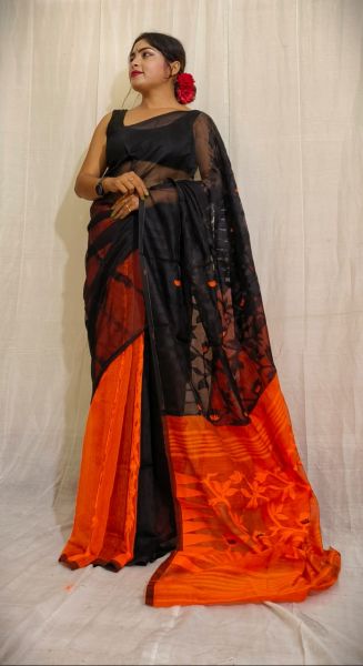 Black Orange Flower Jamdani Resham Saree From Bengal