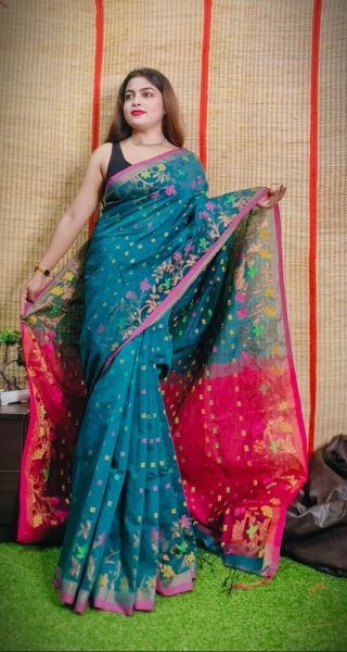Aqua Blue Cotton Pure Handloom Butta Saree
