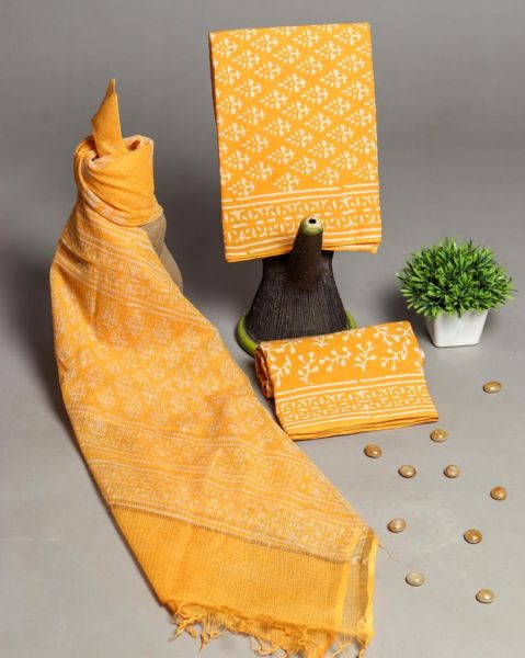 Yellow Hand Block Printed Cotton Suit And Pant And Kota Dupatta
