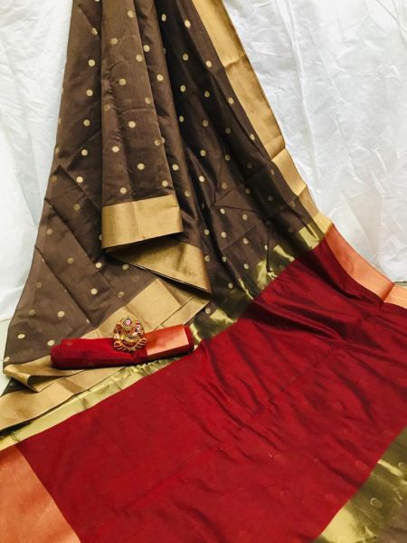 Biscuit Brown And Red Pallu Silk With Zari Patta Saree