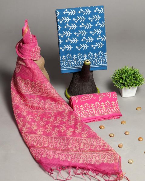 Pink Blue Hand Block Printed Cotton Suit And Pant And Kota Dupatta