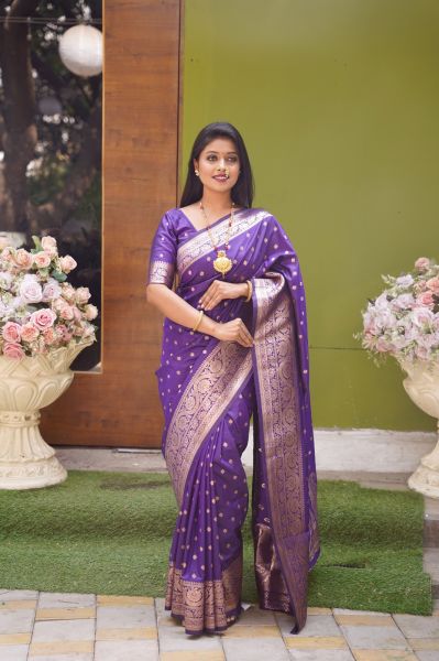 Purple Katan Silk Body Butta Design Saree From Bengal