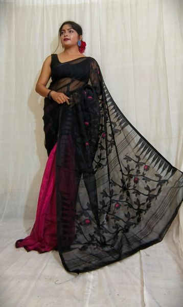 Black Magenta Flower Jamdani Resham Saree From Bengal