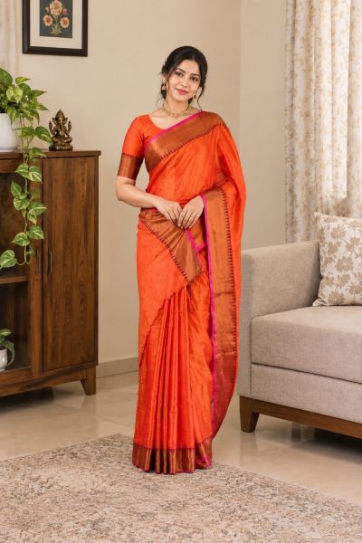 Bright Orange Pure handloom Tissue Cotton Saree From Bengal