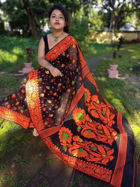 Black Orange Flower Dhakai Jamdani Cotton Saree From Bengal