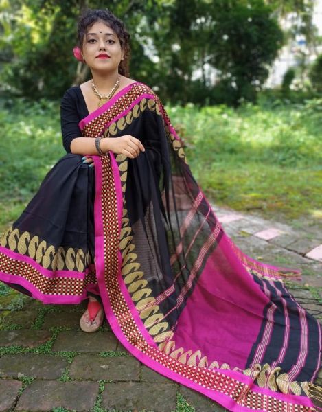 Black Plain Body Pure Handloom Cotton Saree