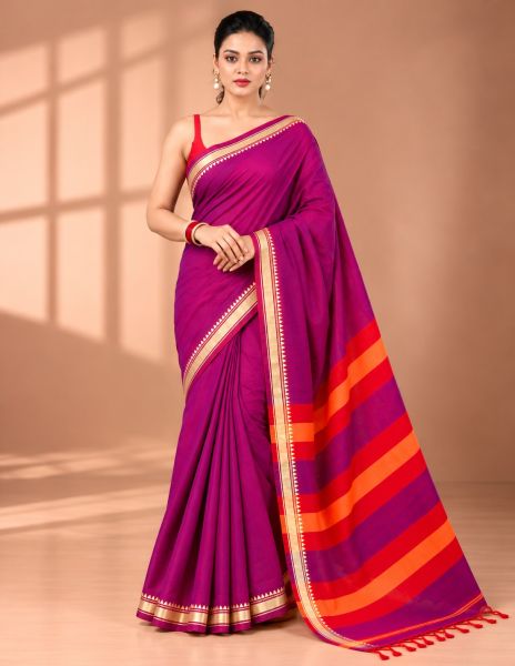 Magenta Organic Pure Handloom Cotton Saree From Bengal