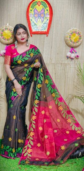 Black Pure Handloom Tissue Cotton Saree From Bengal