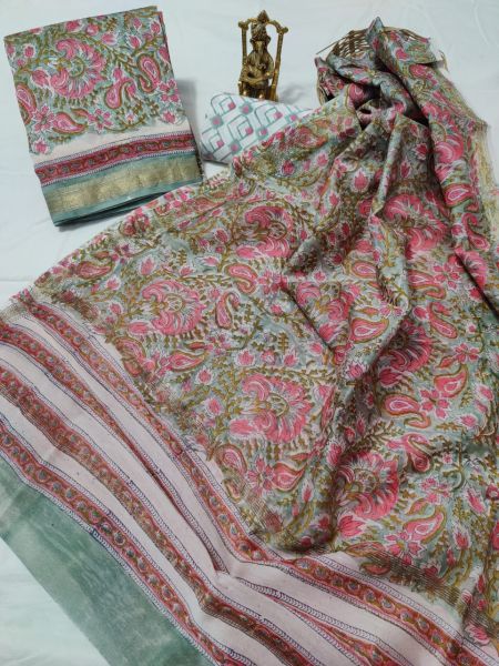 Moss Green Hand Block Printed Maheswari Silk Kurti Dupatta And Cotton Pant