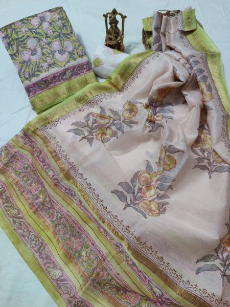 Parrot Green Gream Hand Block Printed Maheswari Silk Kurti Dupatta And Cotton Pant