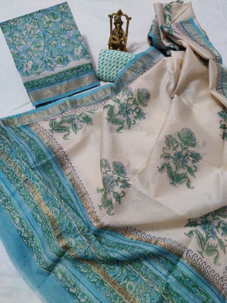 Sky Blue Cream Hand Block Printed Maheswari Silk Kurti Dupatta And Cotton Pant