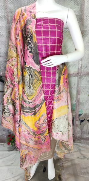 Dark Pink Katan Silk Suit Material With Multi Color Pure Silk Kela Resham Marble Print Dupatta
